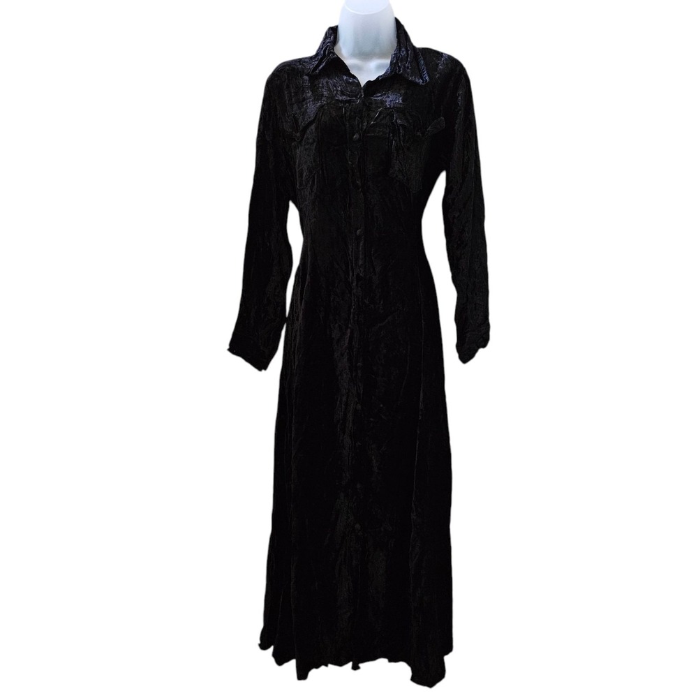 Kola P. Dress 8 Black NWT Velvet Tie Maxi Rayon Button Front Witchy Whimsigoth